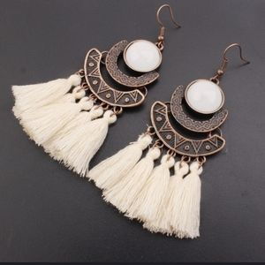 Moonstone Tassel Fishhook 3.5" Earrings Boho Aztec Cream Copper Color